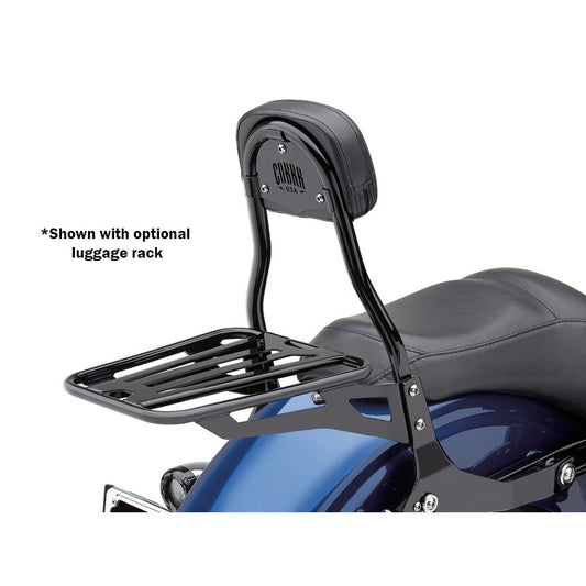 Cobra Black Short Quick Detachable Sissy Bar – Dyna 2006–2017 fitted, shown with optional luggage rack
