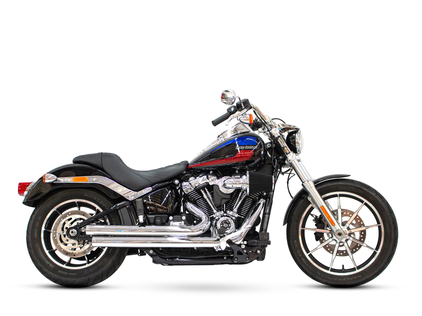 Independence Staggered Exhaust - Chrome with Chrome End Caps. Fits Softail 2018up - Freedom Performance Exhaust