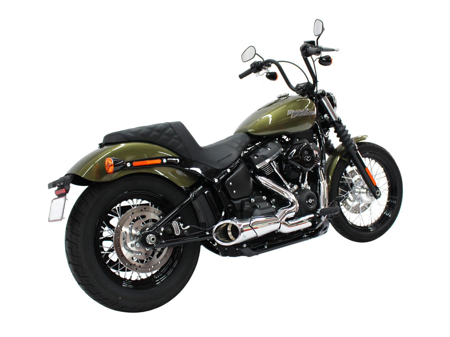 Combat Shorty 2-into-1 Exhaust - Chrome with Chrome End Cap. Fits Softail 2018up. - Freedom Performance Exhaust