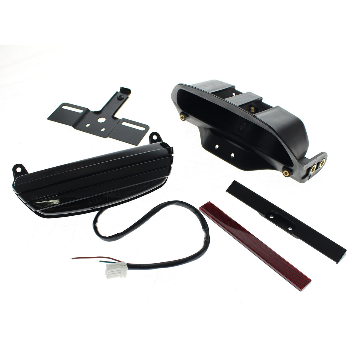 Hoglights Tri-Bar LED Taillight kit contents including plate bracket, reflector and wiring loom