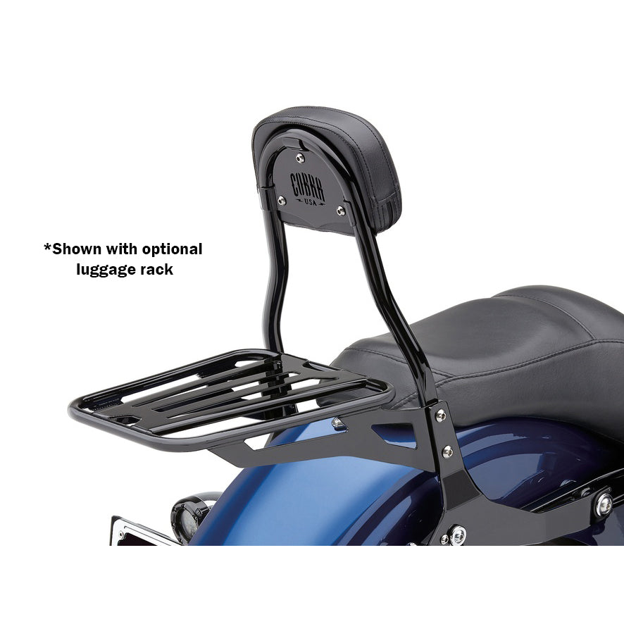 Cobra Black Short Quick Detachable Sissy Bar – Dyna 2006–2017 fitted, shown with optional luggage rack
