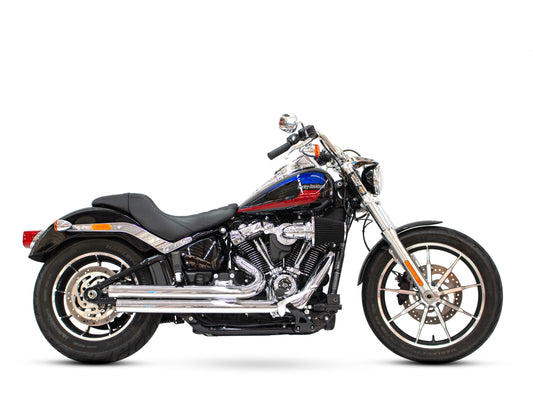 Independence Staggered Exhaust - Chrome with Chrome End Caps. Fits Softail 2018up - Freedom Performance Exhaust