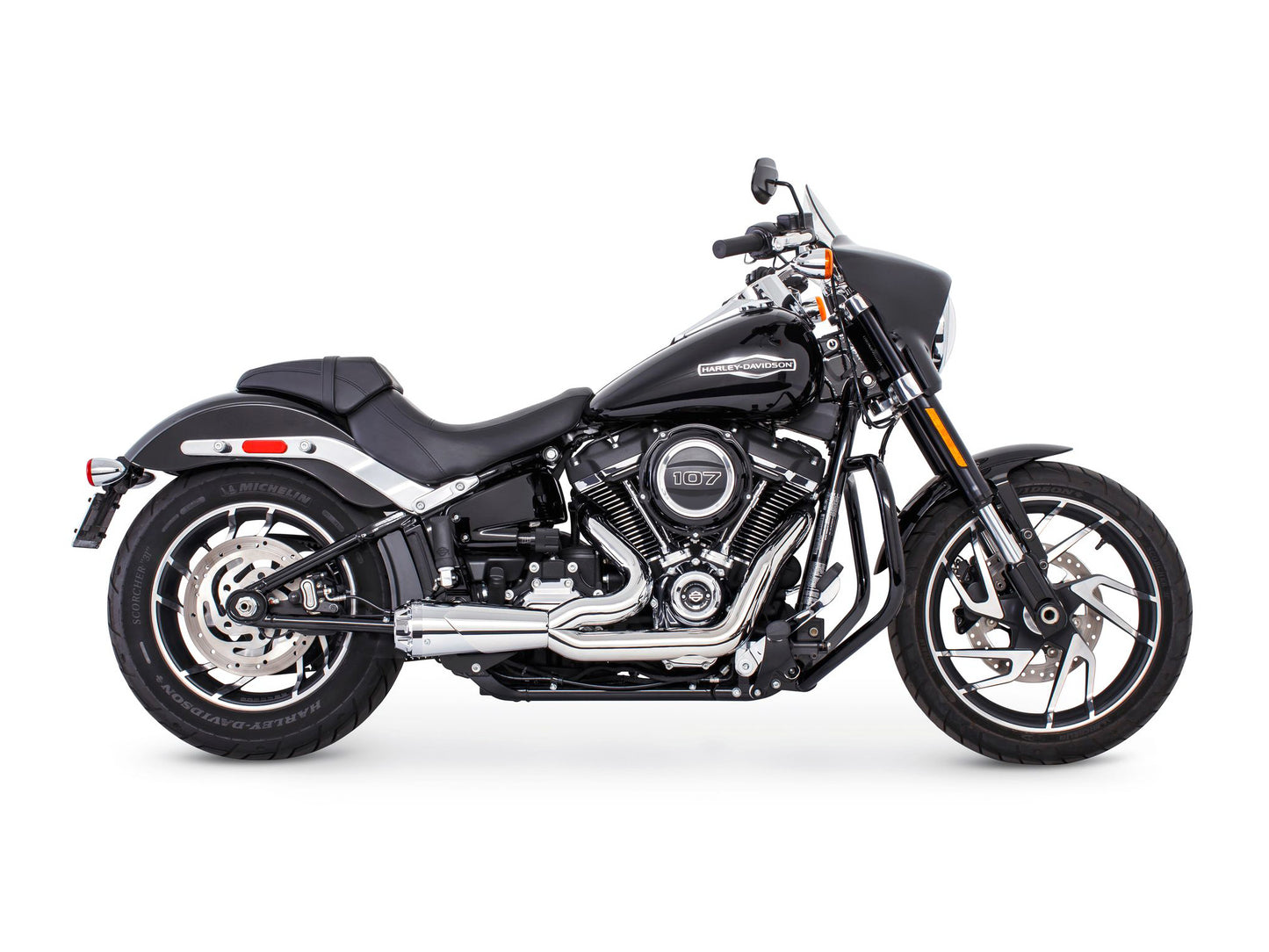 American Outlaw Shorty 2-into-1 Exhaust - Chrome with Chrome End Cap. Fits Softail 2018up. - Freedom Performance Exhaust
