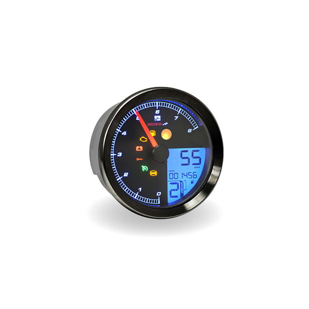 Koso 3-3/8in Round Speedometer with Tachometer – Fat Bob 2018–Up, Sportster 2014–2021, Dyna 2012–2017 & Softail 2011–2017