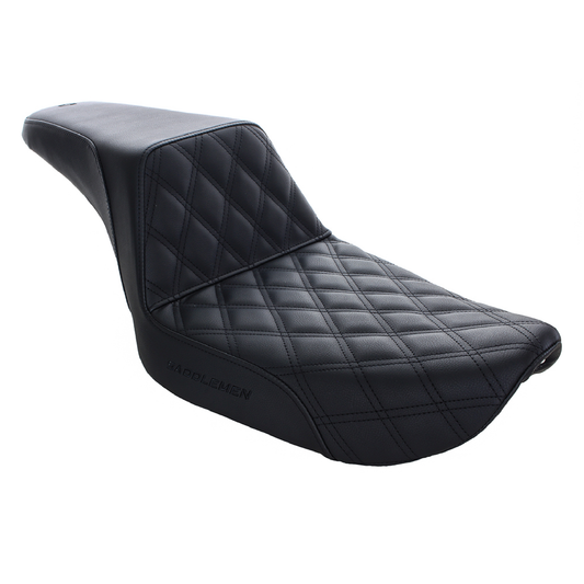Step-Up LS Dual Seat with Black Double Diamond Lattice Stitch. Fits Dyna 1996-2003