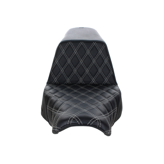 Step-Up LS Dual Seat with Silver Double Diamond Lattice Stitch. Fits Sport Glide / Low Rider 2018up / Low Rider S 2020up / Low Rider ST 2022up