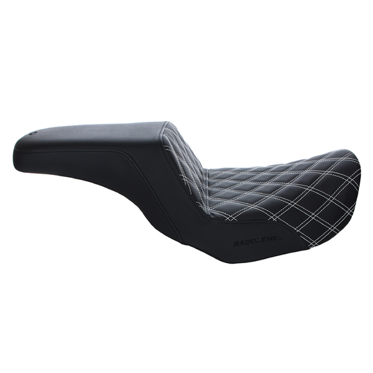 Step-Up LS Dual Seat with White Double Diamond Lattice Stitch. Fits Dyna 2006-2017