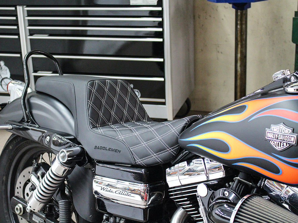 Step-Up LS Dual Seat with White Double Diamond Lattice Stitch. Fits Dyna 2006-2017