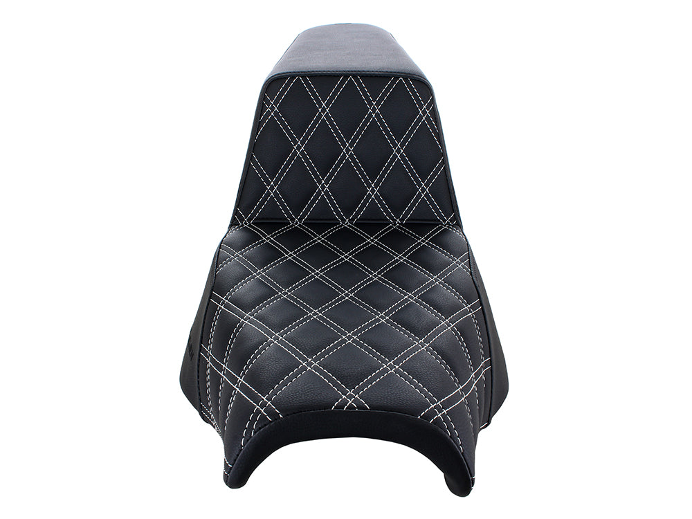 Step-Up LS Dual Seat with White Double Diamond Lattice Stitch. Fits Softail Street Bob 2018up & Standard 2020up