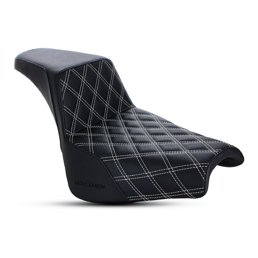 Step-Up LS Dual Seat with White Double Diamond Lattice Stitch. Fits Softail Street Bob 2018up & Standard 2020up