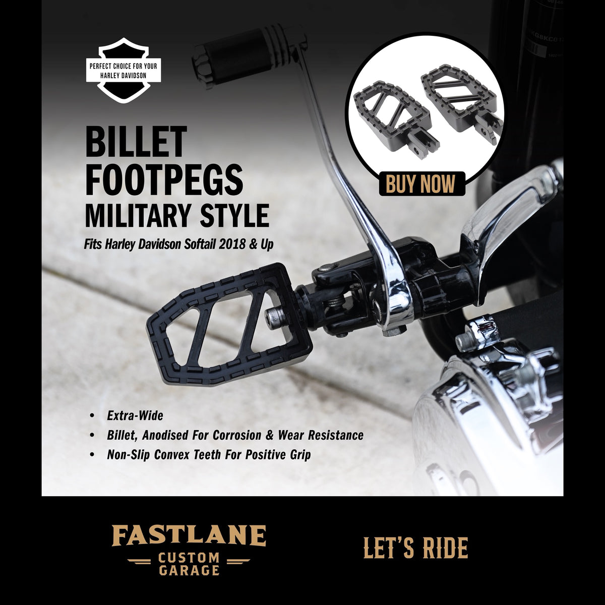 Military billet foot pegs fitted to a 2018+ Harley-Davidson Softail